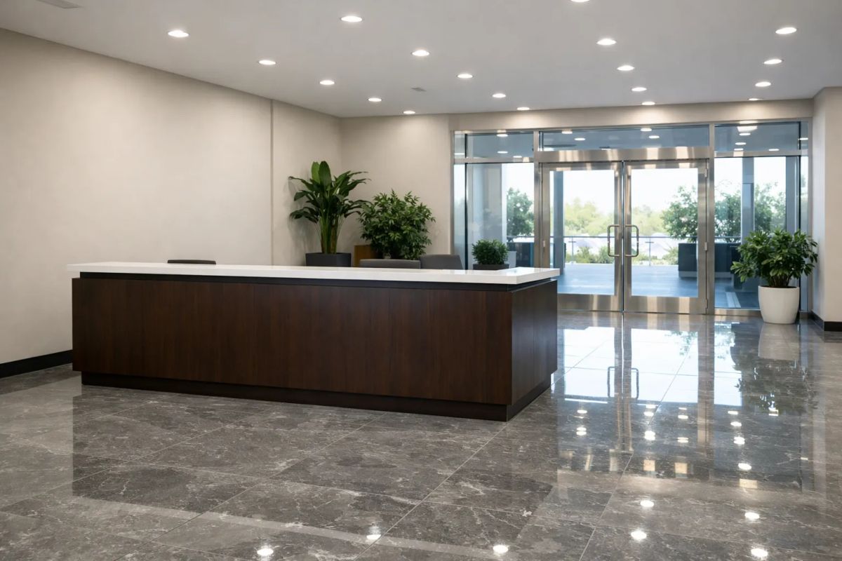 Janitorial professional cleaning a commercial hallway in Bend