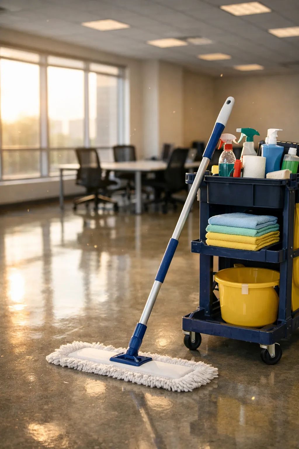 Pristine and Polished cleaner wiping a bright Bend office workspace