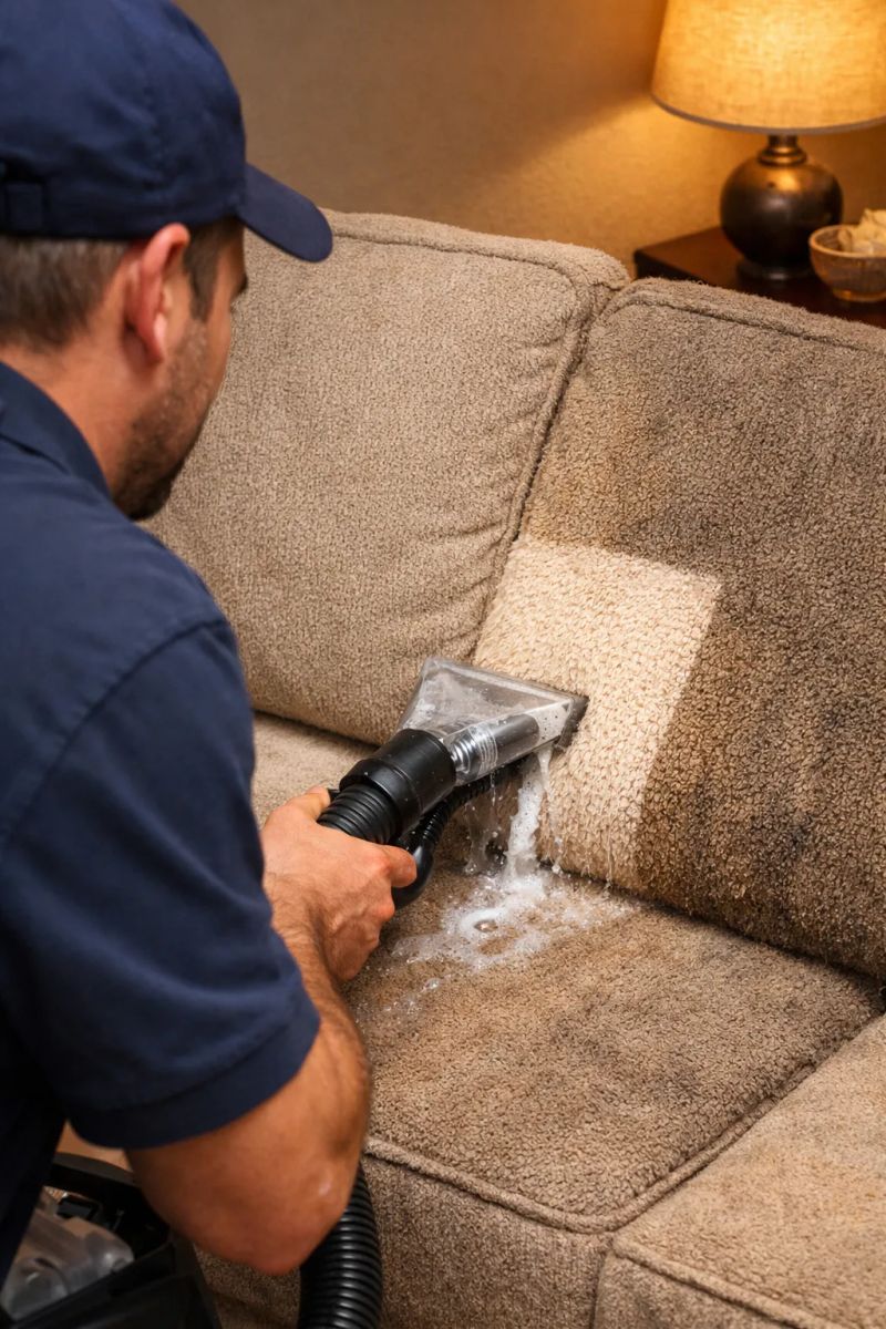 Office cleaner wiping a conference table in a Bend workplace